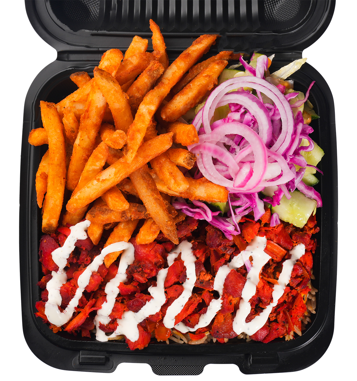 Chicken over rice platter with salad and sauces